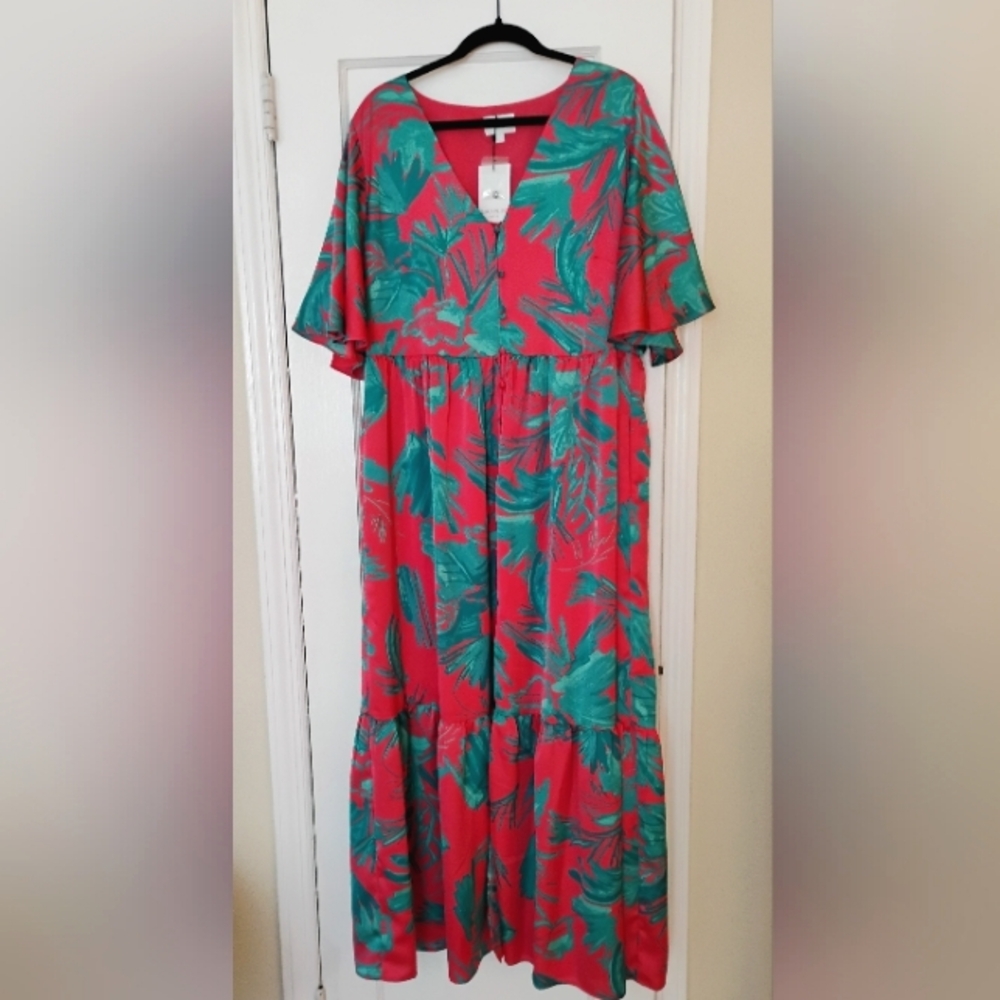 NWT Maxi Dress 2X - Sugarlips Palm Tropics Pismo Button Down Flutter Sleeve - Picture 3 of 12
